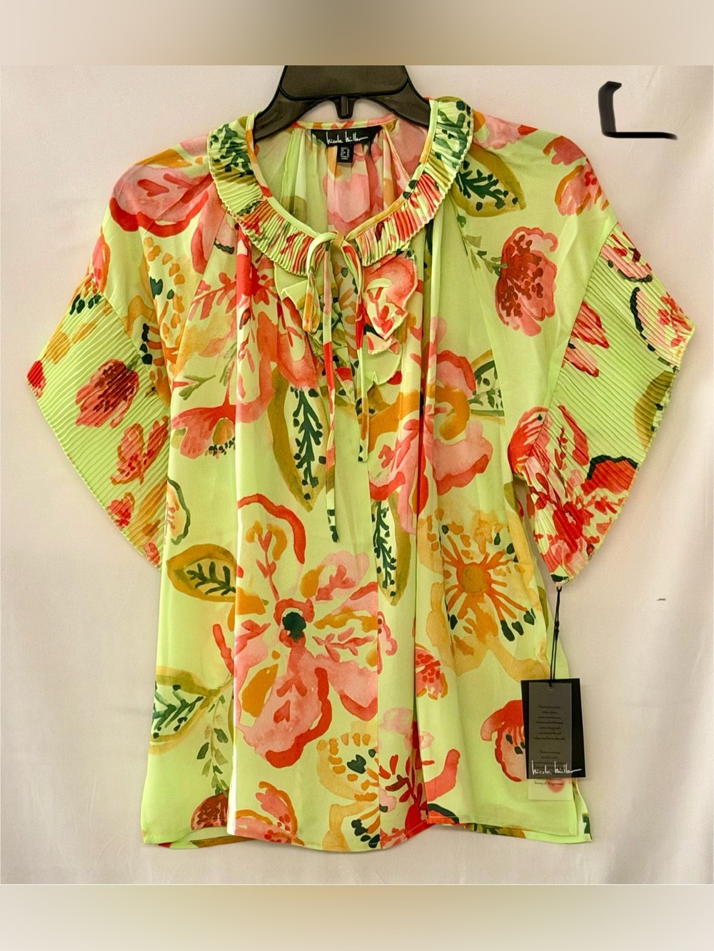 Nicole Miller Lime Floral Ruffle Tie-Neck Blouse